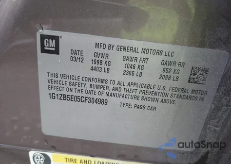 2012 Chevrolet Malibu Ls из США, поврежденный, VIN 1G1ZB5E05CF304989